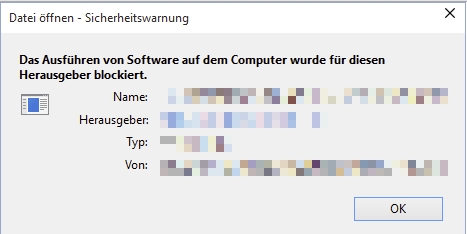 Das Ausführen von Software auf dem Computer wurde für diesen Herausgeber blockiert