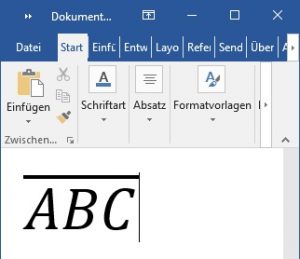 Word Strich über Buchstabe